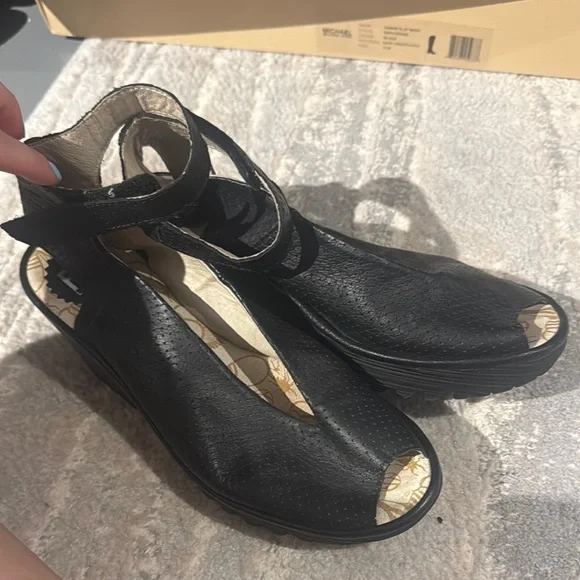 Fly London Women's Black Peep Toe Shoes - Picture 2 of 5